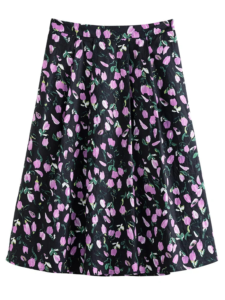 Canmol Tulip Print Skirt: Retro A-Line Vintage High Waist Summer Style