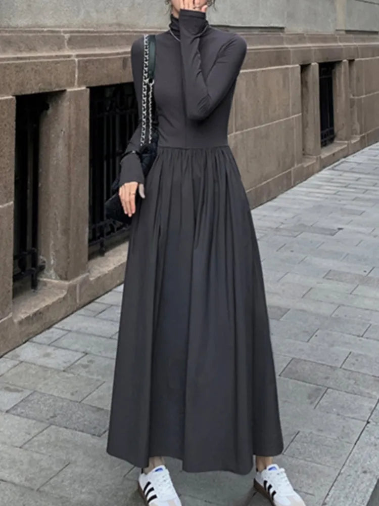 Canmol Turtleneck A-Line Midi Dress Elegant Black Grey Chic Party Vestidos Mujer