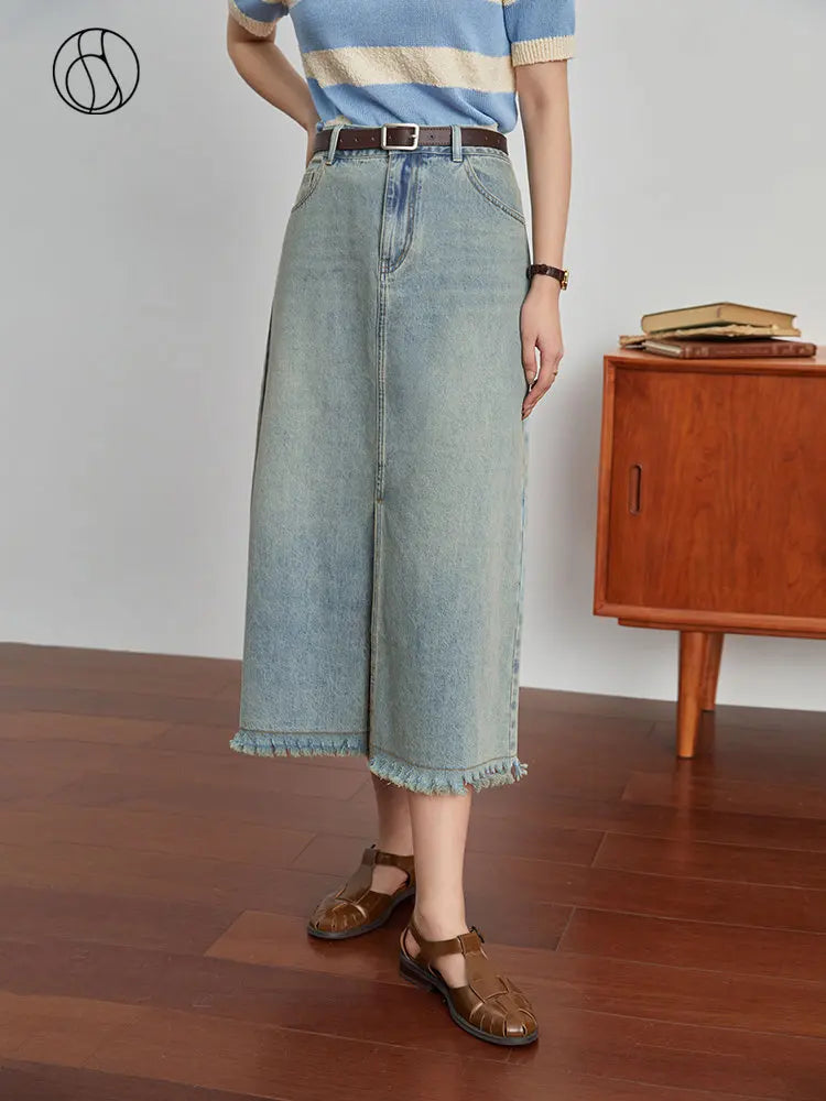 Canmol High Waist Retro A-LINE Denim Skirt - Light Blue, Knee-Length, Frayed Design