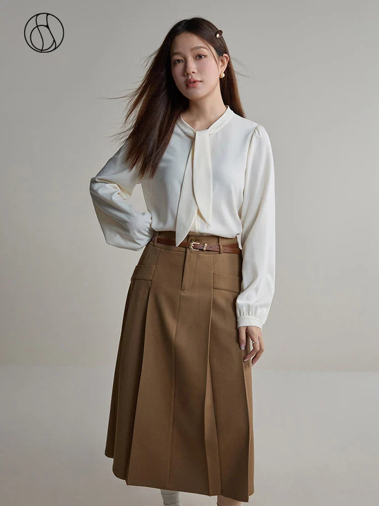 Canmol Vintage Preppy Style Wide-waist Pleated A-line Skirt for Women in Winter
