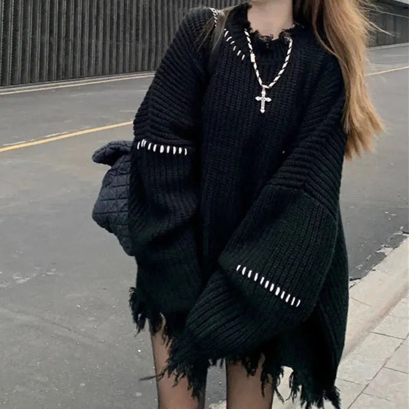 Canmol Tassel Sweater: Hollow Out Long Sleeve Pullover Knit Fashion Streetwear Jumper