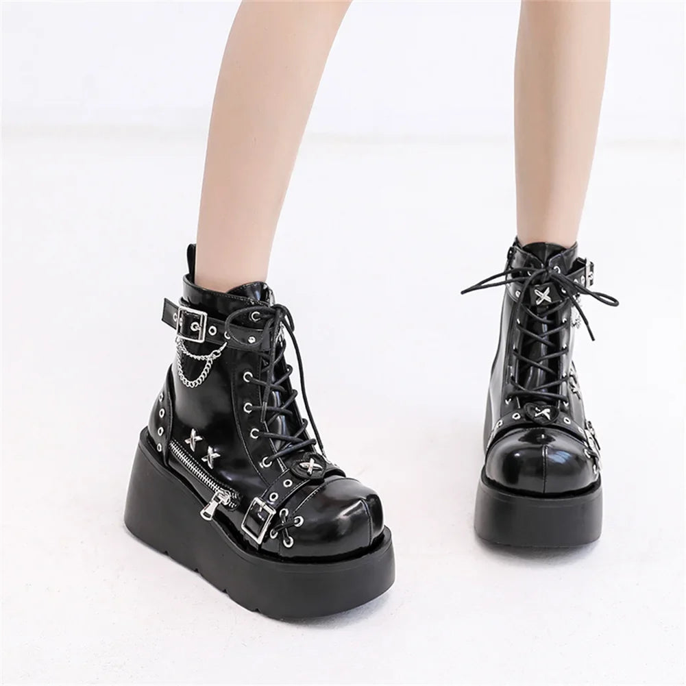 Canmol Goth Platform Ankle Boots with Buckle, Zip, and Rivet Details