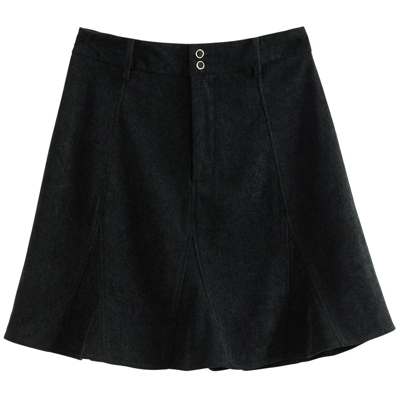 Canmol Corduroy High Waist Padded Mini Skirt Black A-line Button Decor Dress