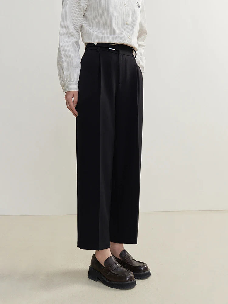 Canmol High Waist Black Twill Office Pants with Waist Belt and Pleats