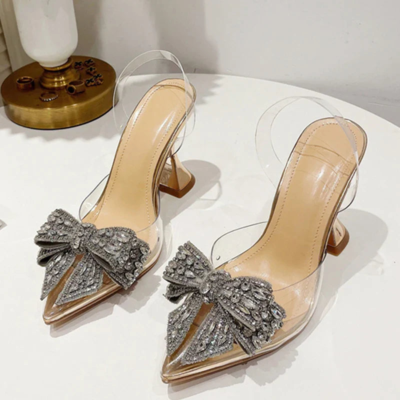 Canmol Rhinestone Bow Pointed Toe High Heels Sandals for Women - Elegant Wedding Prom Shoes