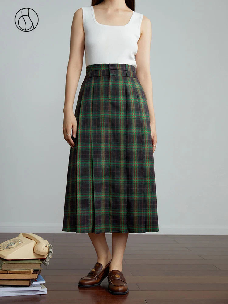 Canmol Plaid A-line Half Skirt - Retro Style, Slim Fit, High Waist - Black Green Women Skirts