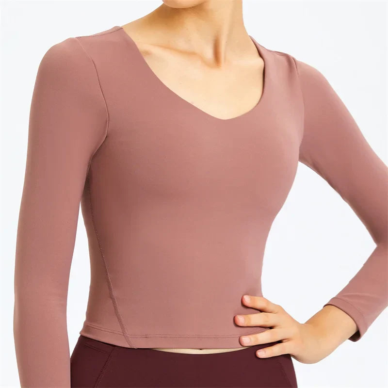 Canmol Long Sleeve Crop Top with Built-In Bra for Women - Soft V-Neck Gym Shirt