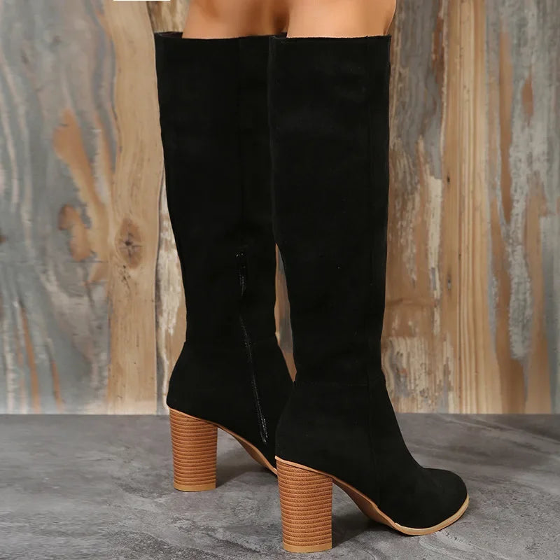 Canmol Women's Pointed Toe Suede Knee High Heel Boots - Autumn Winter Zipper Long Boots