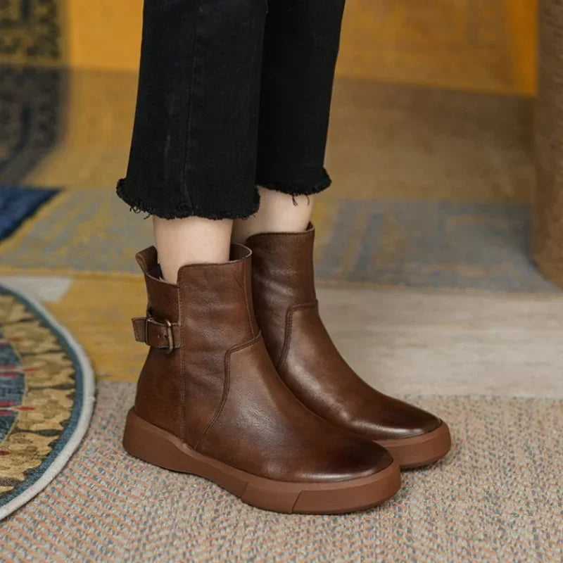 Canmol Women's Retro Brown Platform Ankle Boots - Autumn British Style Flat Short Boots