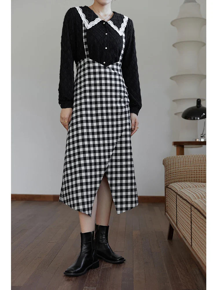 Canmol Plaid Woolen Suspender Skirt | Women's A-line Winter Skirt with Adjustable Strap