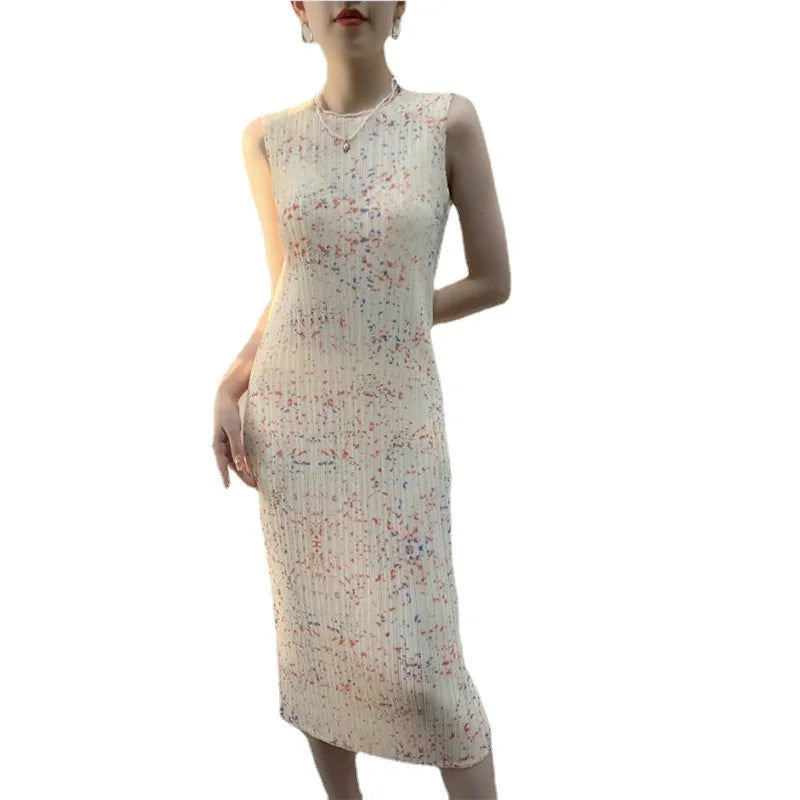 Canmol Printed Pleated Midi Dress: Women's Slim Fit Summer Vest Skirt