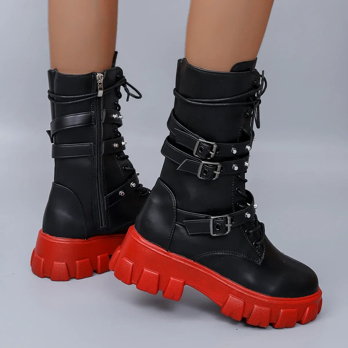 Canmol Big Red Punk Boots with Belt Buckle and Side Zipper