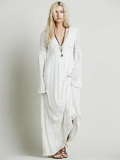 Boho Chic Maxi Dress with V-neck Embroidery, White Party Gown by Canmol.