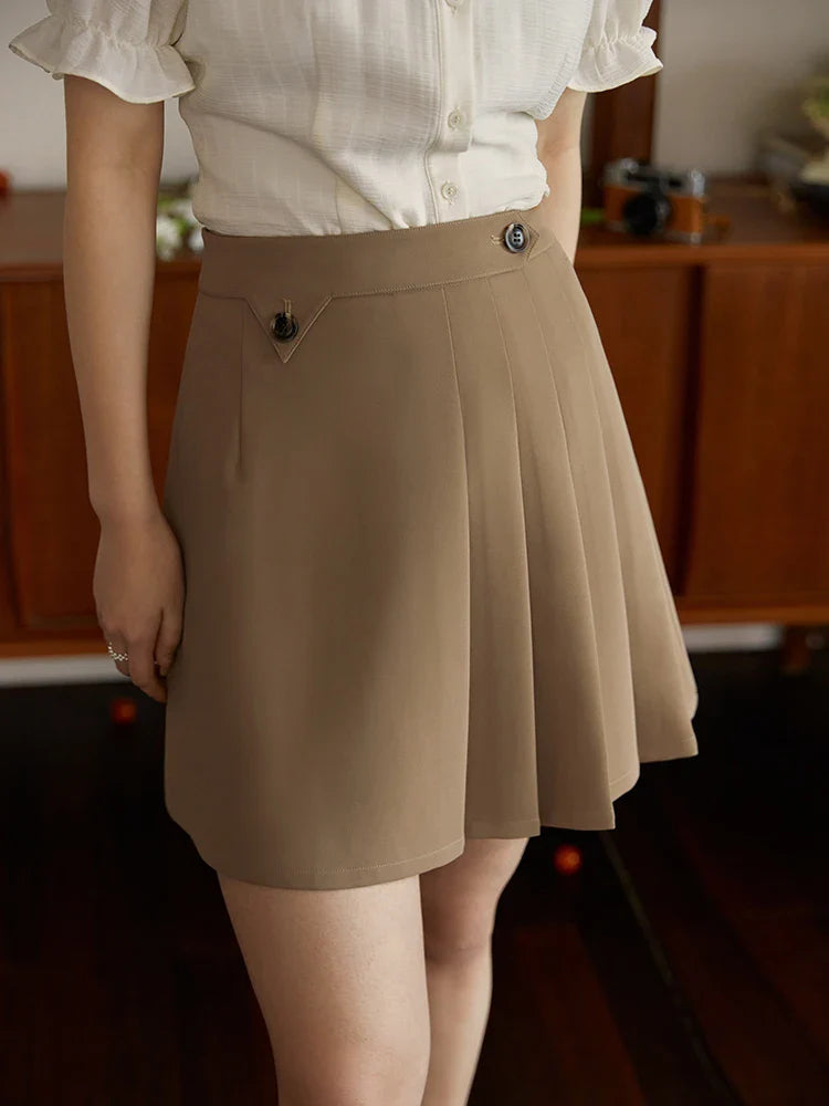 Canmol Asymmetric Pleated Mini Skirt - High Waist Solid Twill Summer Office Lady Fashion