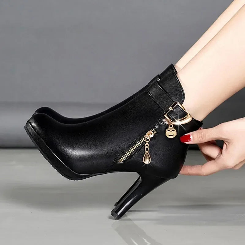 Canmol Black Round Head Ankle Boots with Thin Heel Zipper for Women