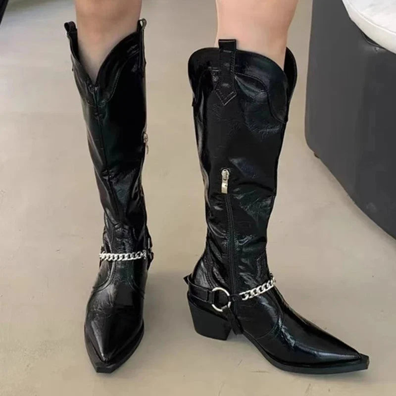 Canmol 2023 Fall Chain Detail Knee Boots