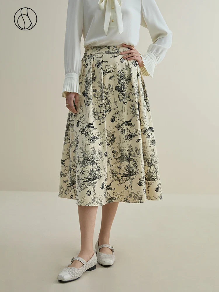 Canmol DUSHU Ink Animal Print High Waist A-line Half Skirt for Women