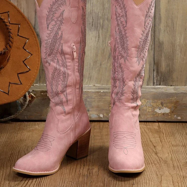 Canmol Pink Embroidered Western Cowboy Knee Boots with High Heel