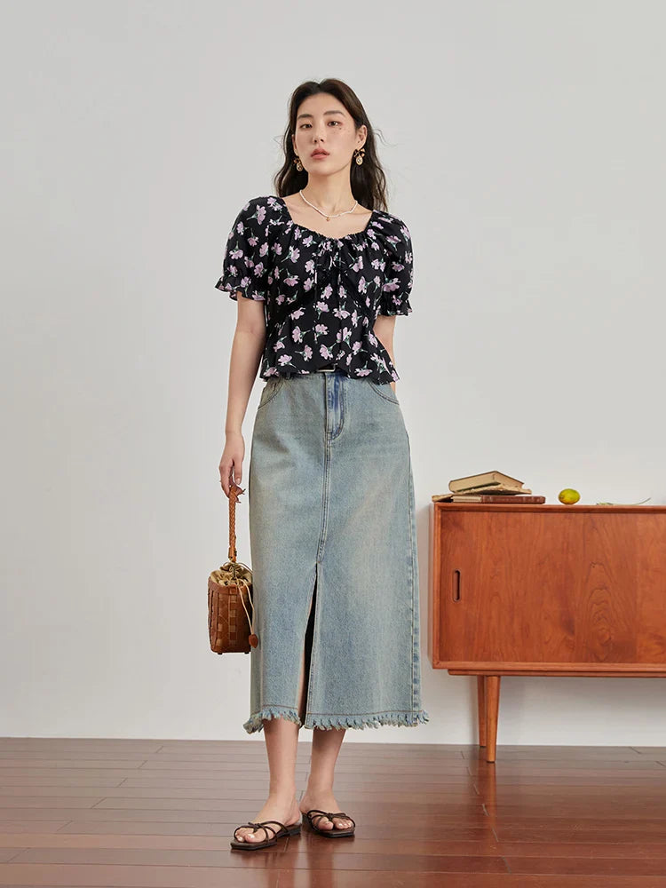 Canmol High Waist Retro A-LINE Denim Skirt - Light Blue, Knee-Length, Frayed Design
