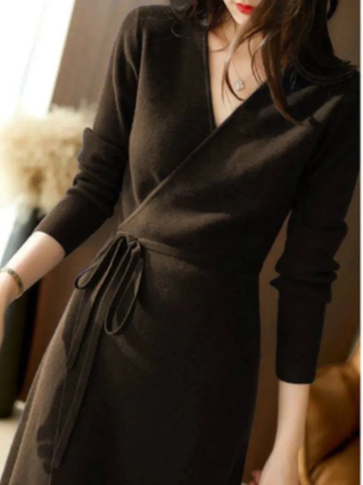 Canmol Knitted Bodycon Dress Slim Autumn Sweater Long Sleeve Elegant Robe Fashion