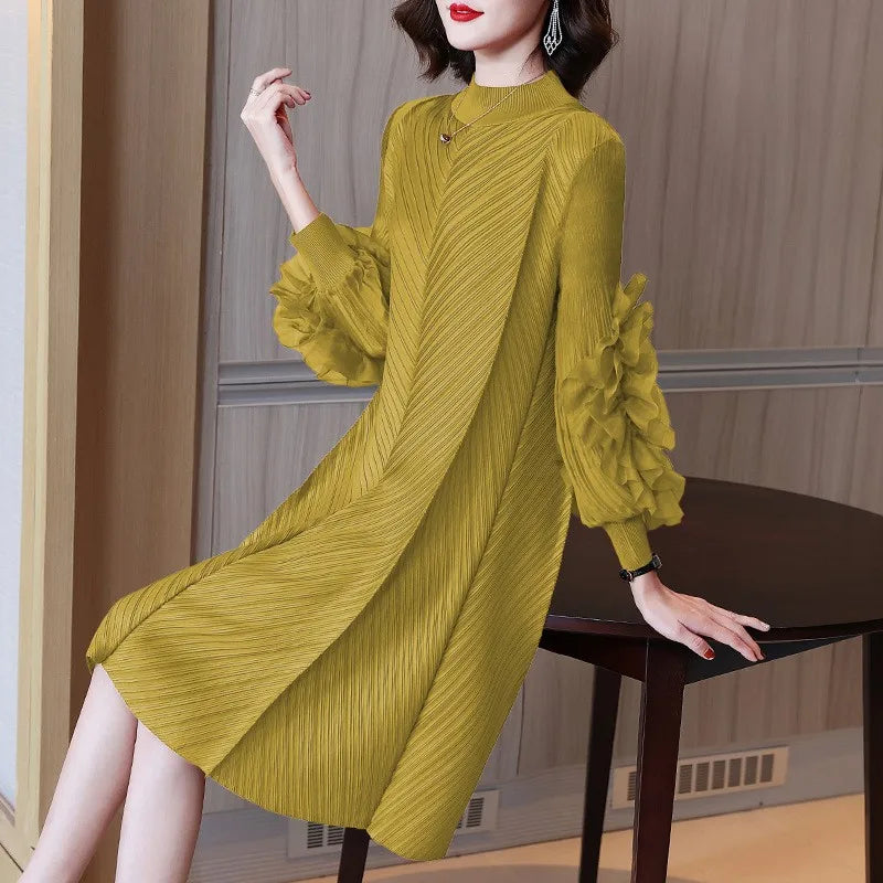 Canmol High-End Pleated Dress: Elegant Mommy Style, Stand Collar, Over the Knee, Plus Size