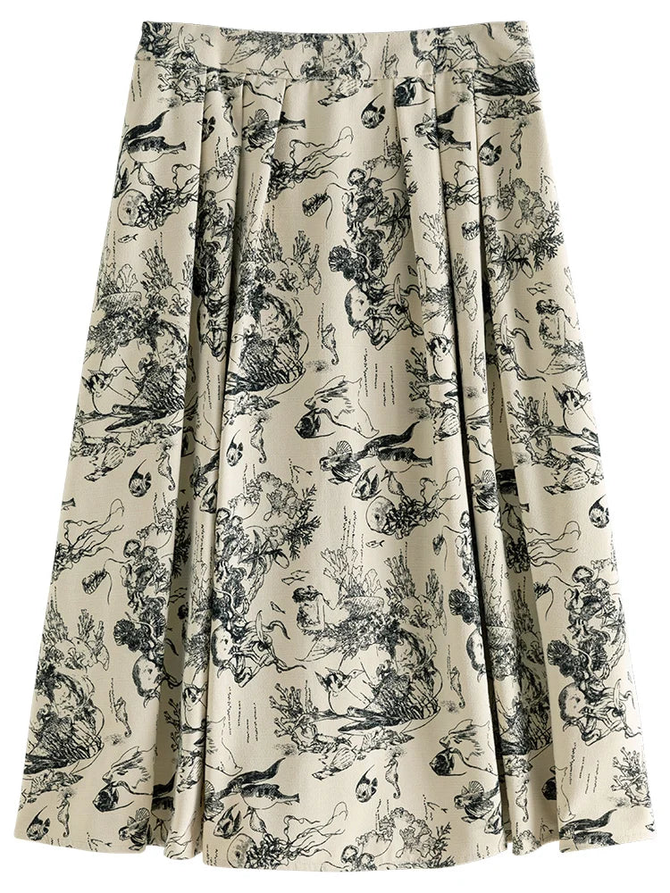 Canmol DUSHU Ink Animal Print High Waist A-line Half Skirt for Women