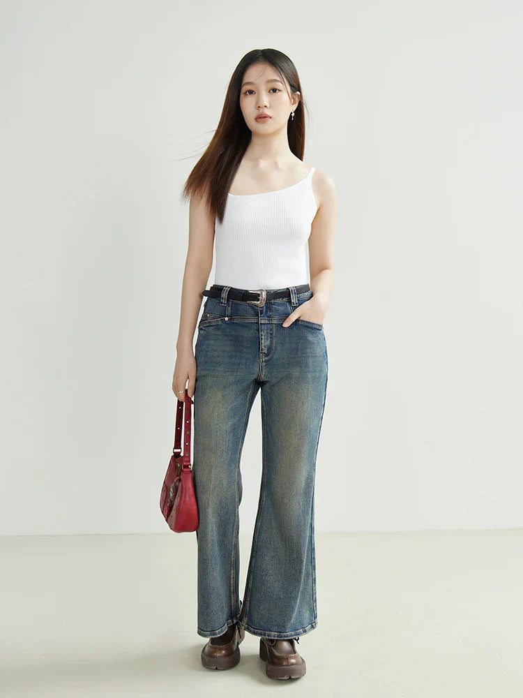 Canmol Bell-bottoms: Retro Denim High-waisted Slim-leg Jeans, Spring Casual Modern Style