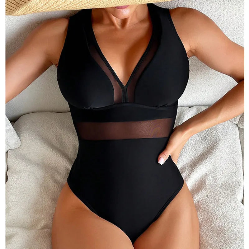 Canmol Black Net One Piece Swimwear with Push Up Support