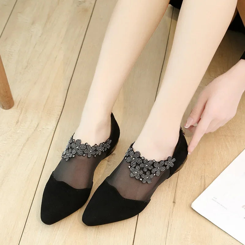 Canmol Rhinestone Flower Sandals: Chic Mesh Low Heel Plus Size Sandalias Mujer