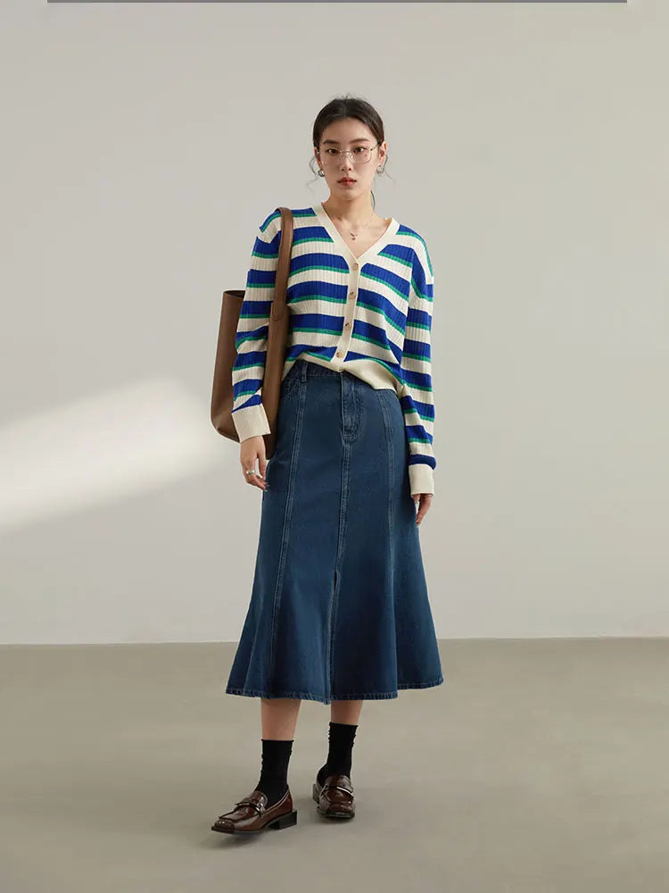 Canmol Fishtail Slit Denim Skirt Mid-Calf Dark Blue High Waist Retro Style