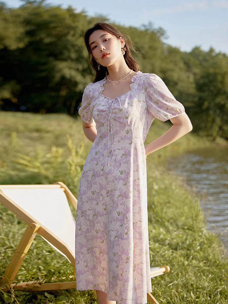 Canmol 2023 Summer Long Chiffon Floral Dress with Pull Collar - Holiday Style