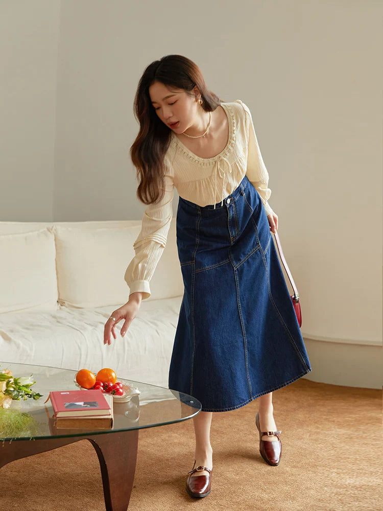 Canmol Dark Blue Cotton Elastic Long Skirt with Contrasting Line Design