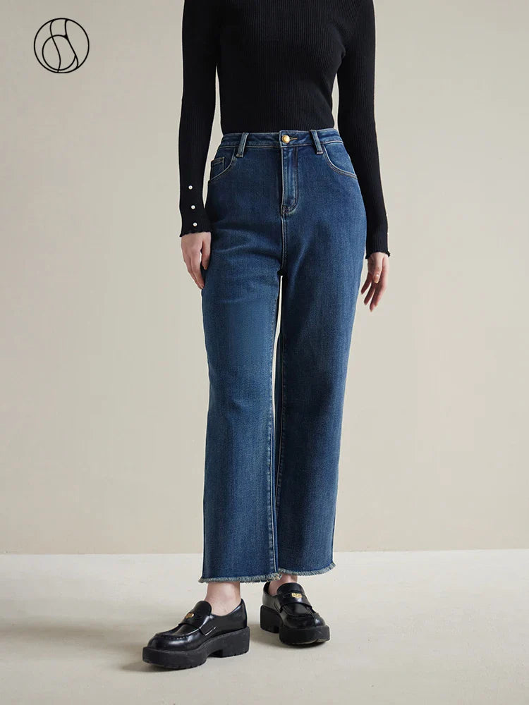 Canmol High Waist Elastic Fleece Straight Jeans - Black Denim - Winter Warm Cropped Jean