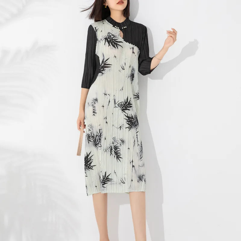 Canmol 2023 Autumn Printed Pleated Stand-up Collar Dress Elegant Mid-length Skirt