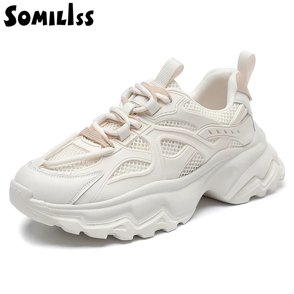 Canmol Chunky Platform Sneakers: Genuine Leather & Mesh, Lace Up, Breathable Casual Shoes
