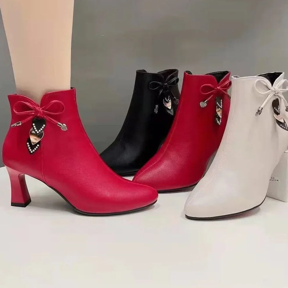 Canmol White High-Heeled Zip Boots: 2023 Spring Autumn Fashion Waterproof Shoes
