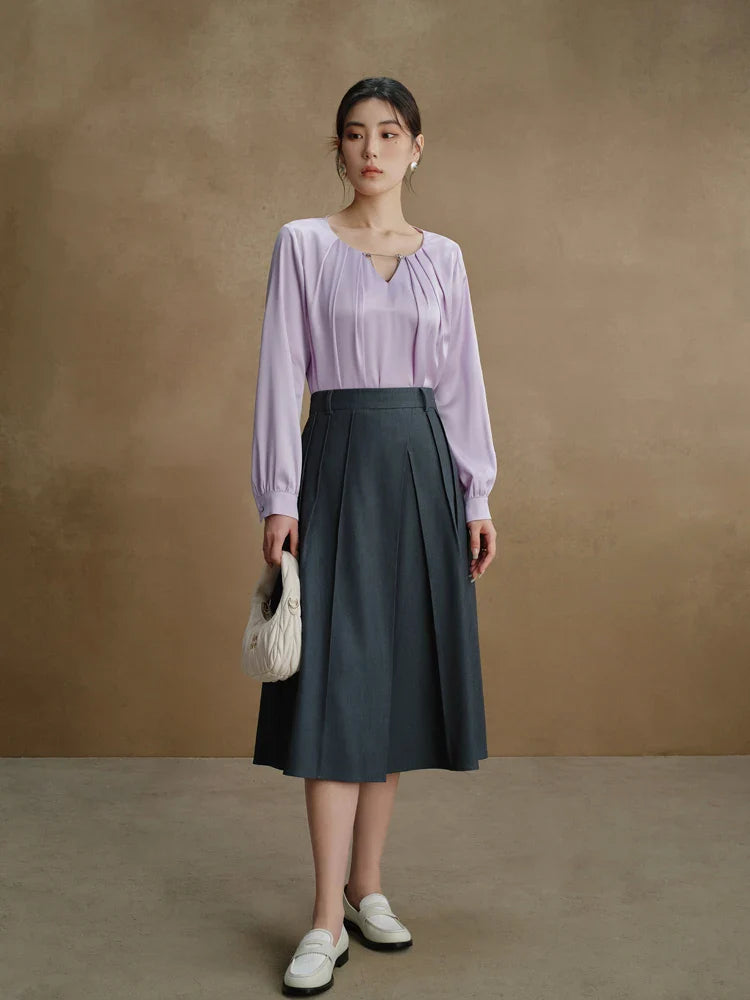 Canmol Dark Grey A-Line High Waist Pleated Skirt for Office Lady Elegance
