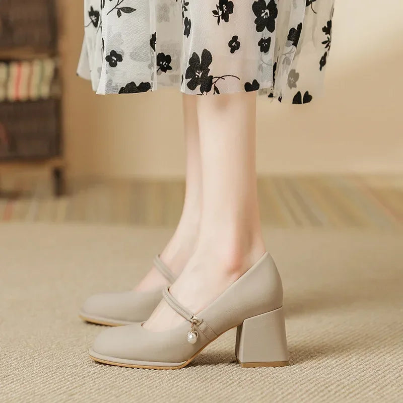 Canmol Elegant Round Toe Mary Jane Pumps with Thick Heels for Women's Fashion
