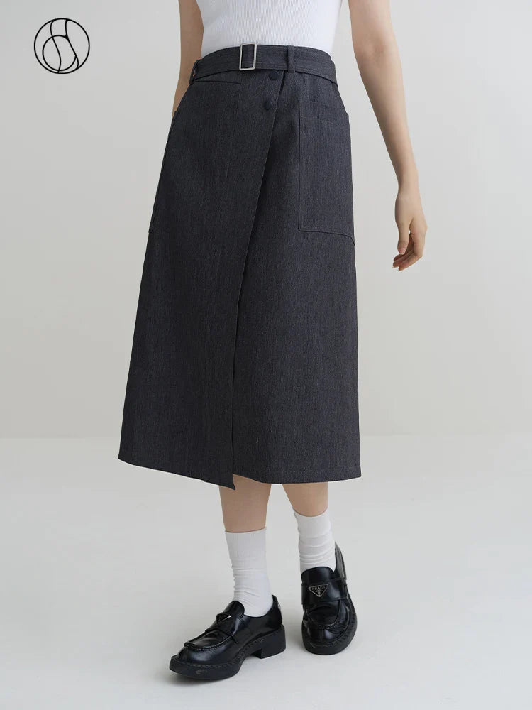 Canmol Preppy Style Grey High Waist Skirt with Back Slit, Various Lengths Available