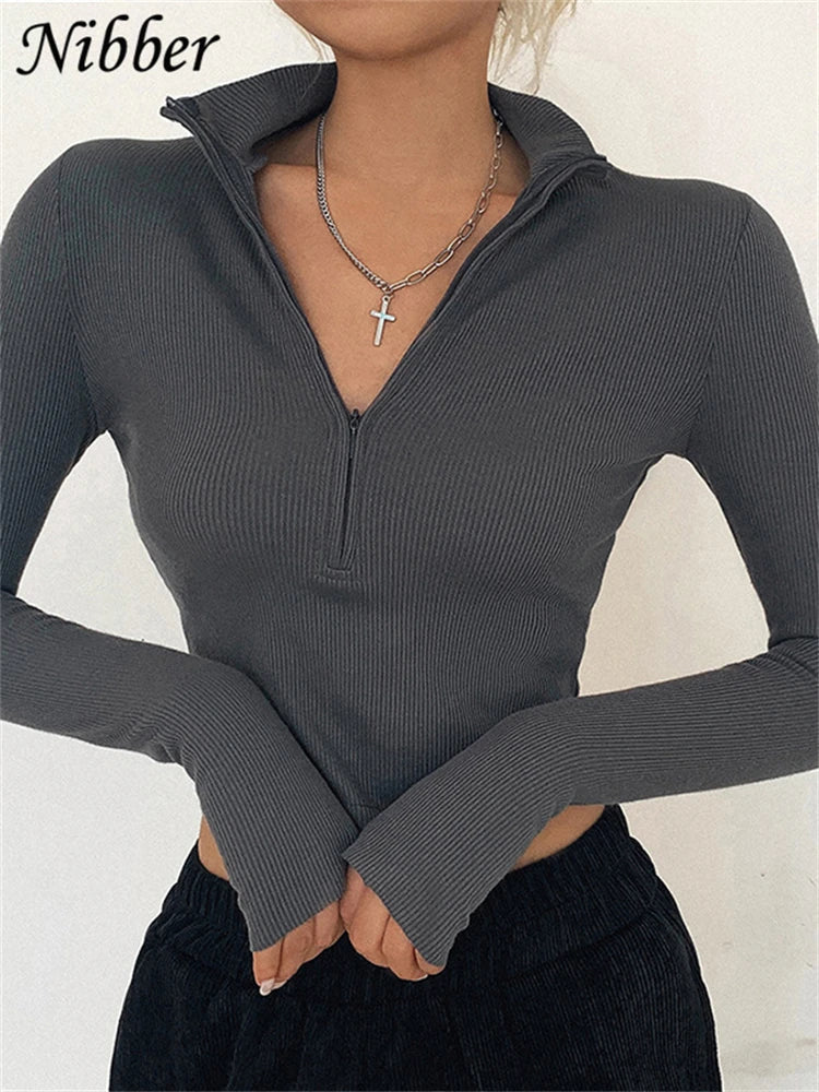Canmol Solid Color Turtleneck Crop Top Long Sleeves - Simple Sexy Style