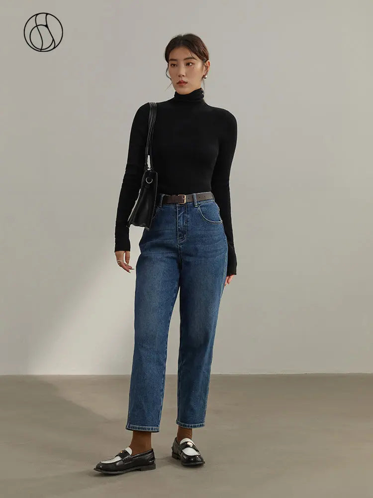 Canmol High Waist Microfleece Straight-Leg Jeans - Retro Lazy Casual Baguette Cropped Pant
