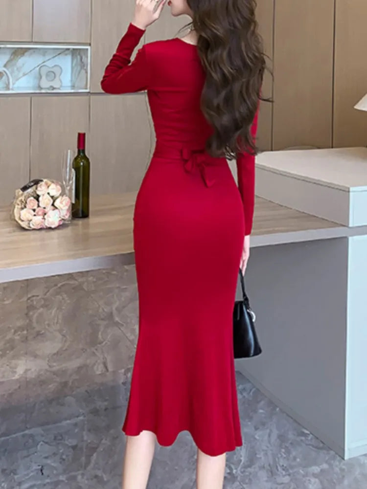 Canmol Lace-up Bodycon Midi Dress: Elegant, Chic, & Slim Prom Party Dress for Women