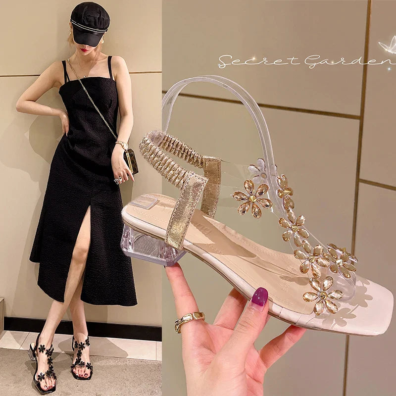 Canmol Rhinestone Sandals: 2022 Summer Crystal Chunky Heel, Fairy Style High Heels