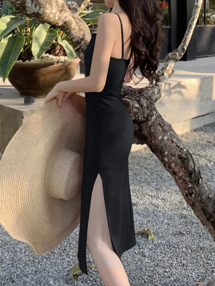 Canmol Elegant Summer Black Midi Dress Spaghetti Straps Bodycon Vestidos Femme