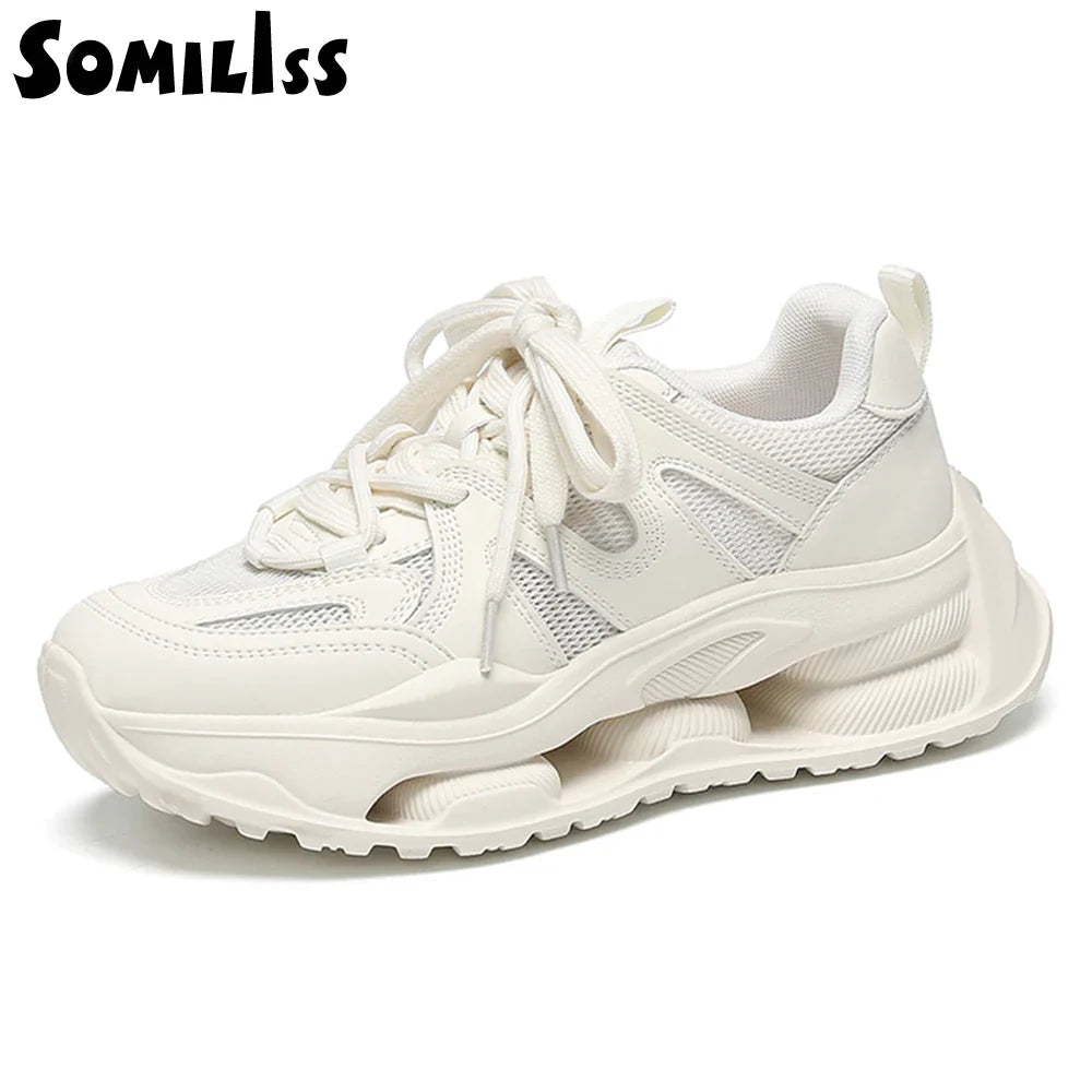 Canmol Chunky Leather Mesh Sneakers: Breathable Platform Casual Shoes for Women