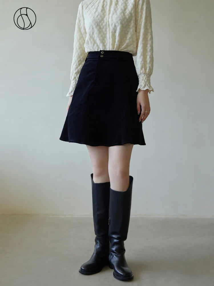 Canmol Corduroy High Waist Padded Mini Skirt Black A-line Button Decor Dress