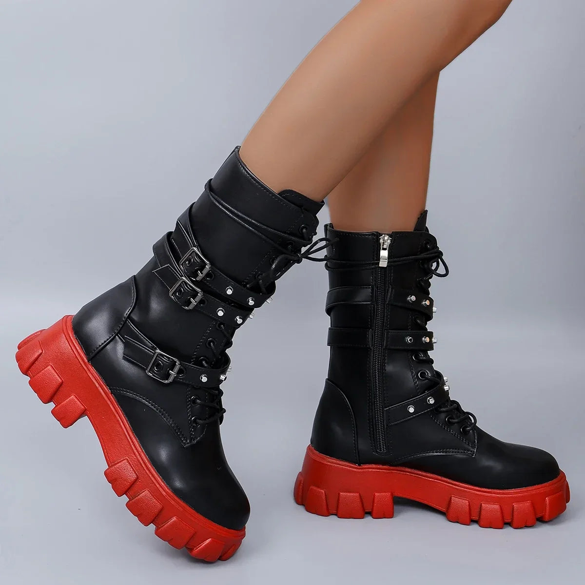 Canmol Big Red Punk Boots with Belt Buckle and Side Zipper