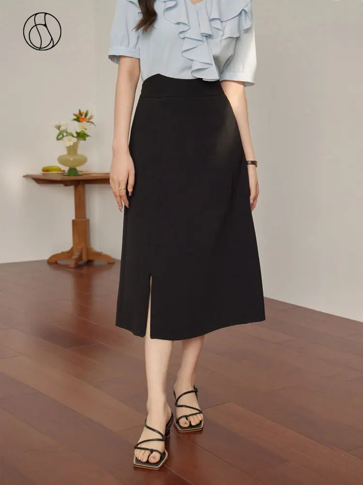 Canmol High Waist Slit Skirt - Black Twill A-LINE Office Lady Skirt