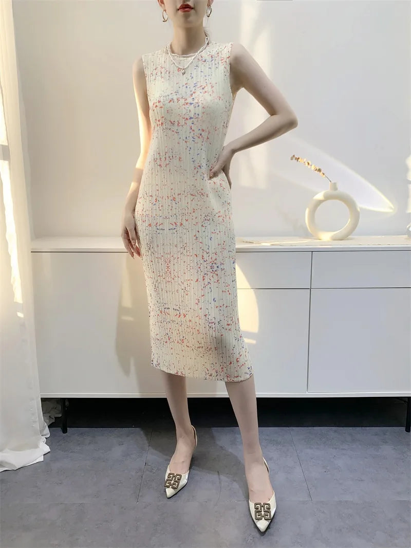 Canmol Printed Pleated Midi Dress: Women's Slim Fit Summer Vest Skirt