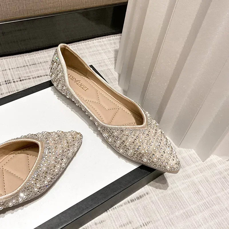 Canmol Rhinestone Pointed Toe Flats 2024 | Women's Wedding Loafers, Party Slip-On Boat Shoes